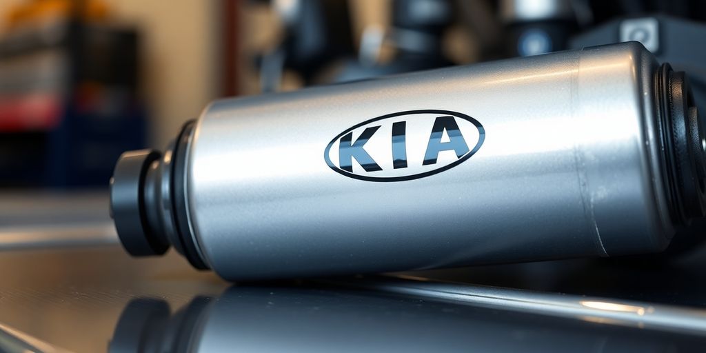 Close-up of a new Kia car part with a clean workshop background.