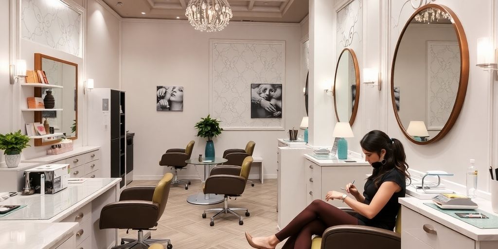 Nail technician performing a manicure in a stylish salon.