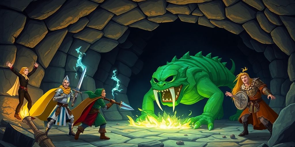 Four adventurers battling a monster in a dungeon.