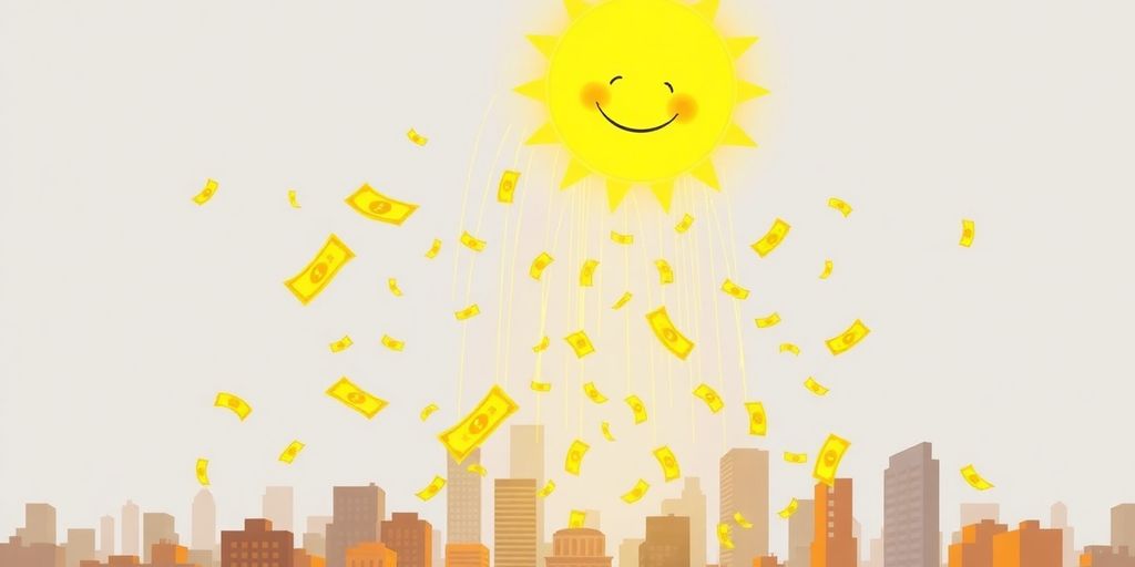 Cartoon cityscape with money raining down.