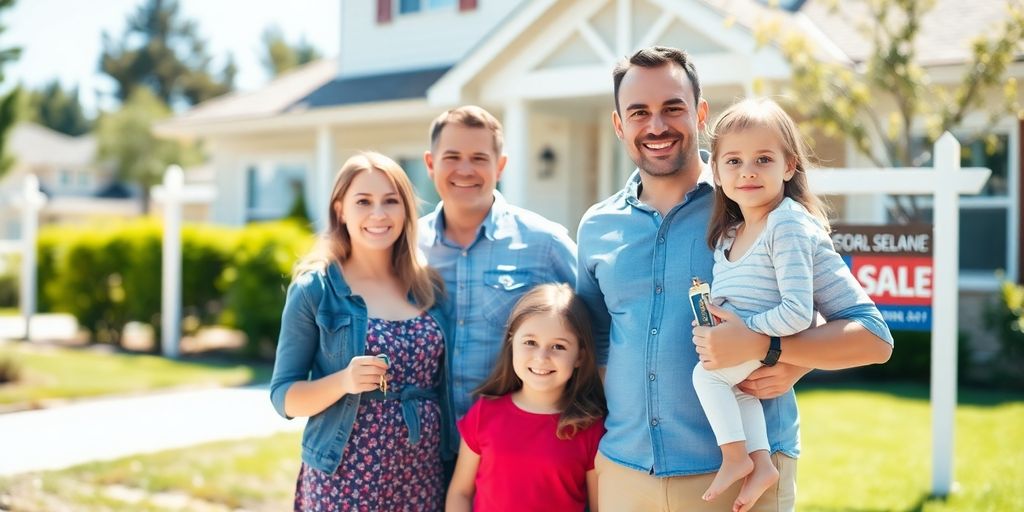 Family in front of new home, holding keys