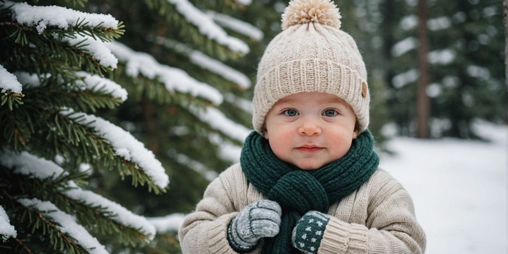 Baby in layered winter clothes with hat and mittens