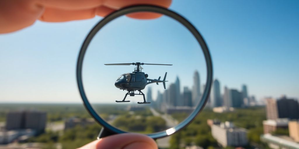A magnifying glass examining a toy helicopter above Atlanta.