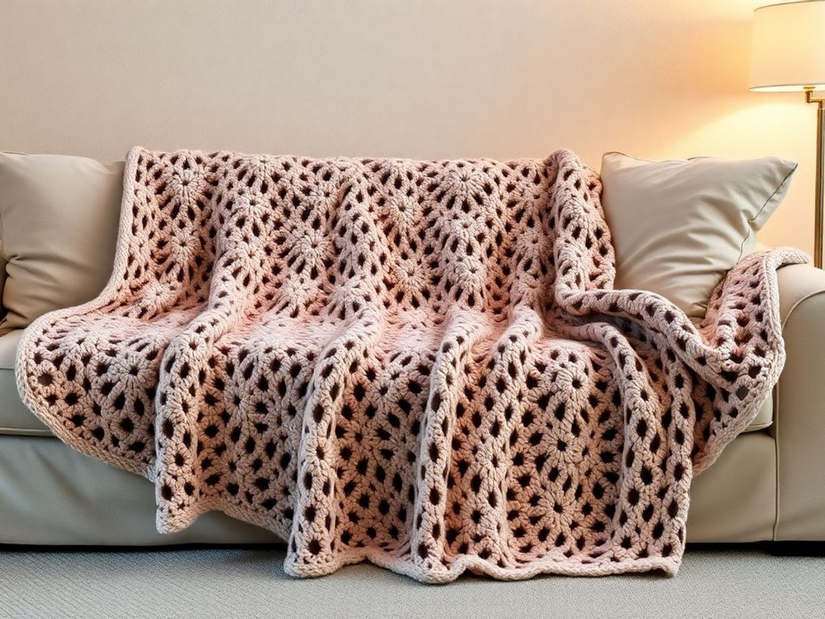 Cozy crochet blanket on a sofa in warm lighting.