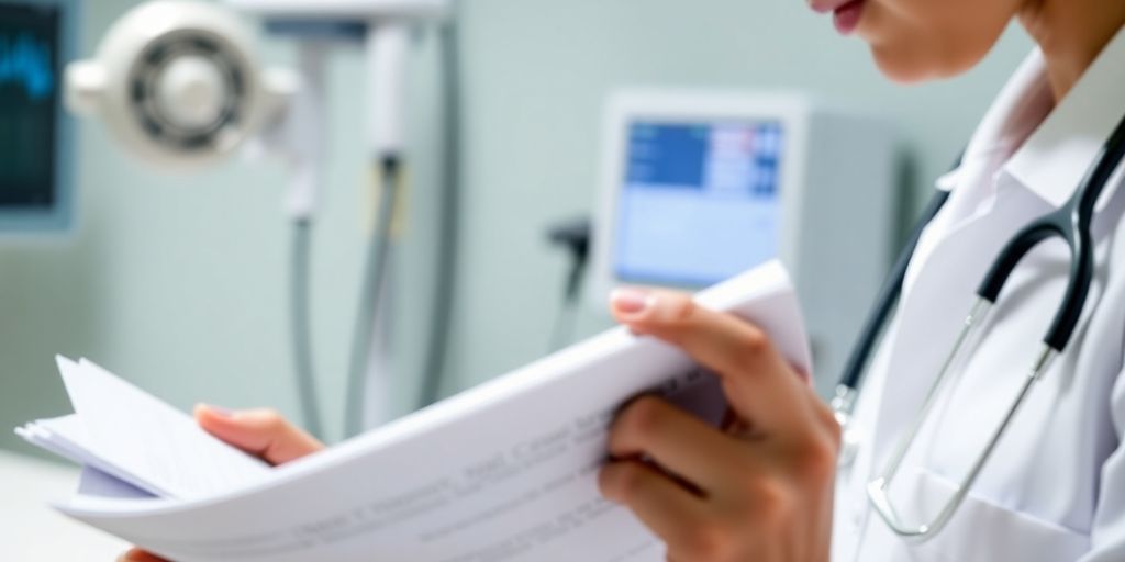 Profissional de saúde revisando documentação clínica com atenção.