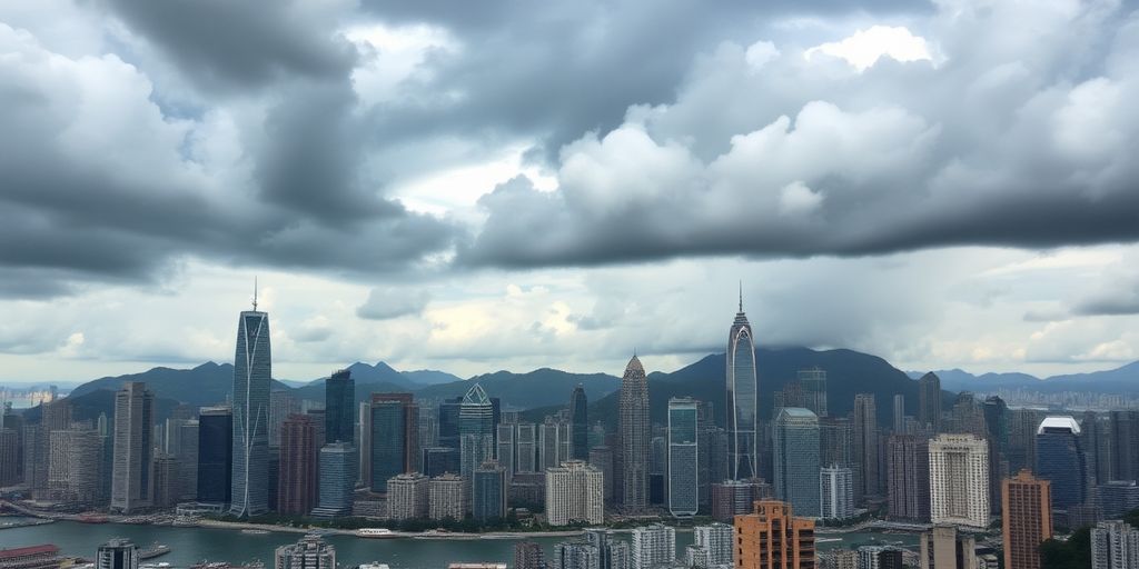 Dramatic skyline of Hong Kong under looming storm clouds.