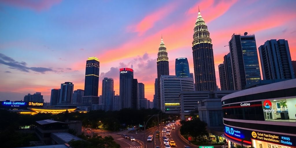 Kuala Lumpur skyline at dusk with vibrant city lights.