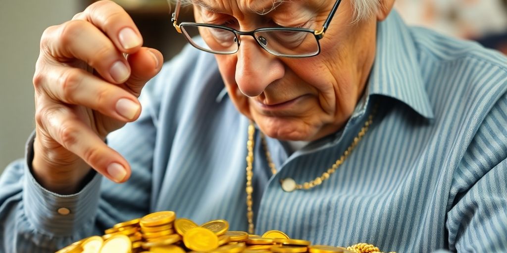 Un retraité examine attentivement des pièces d'or.