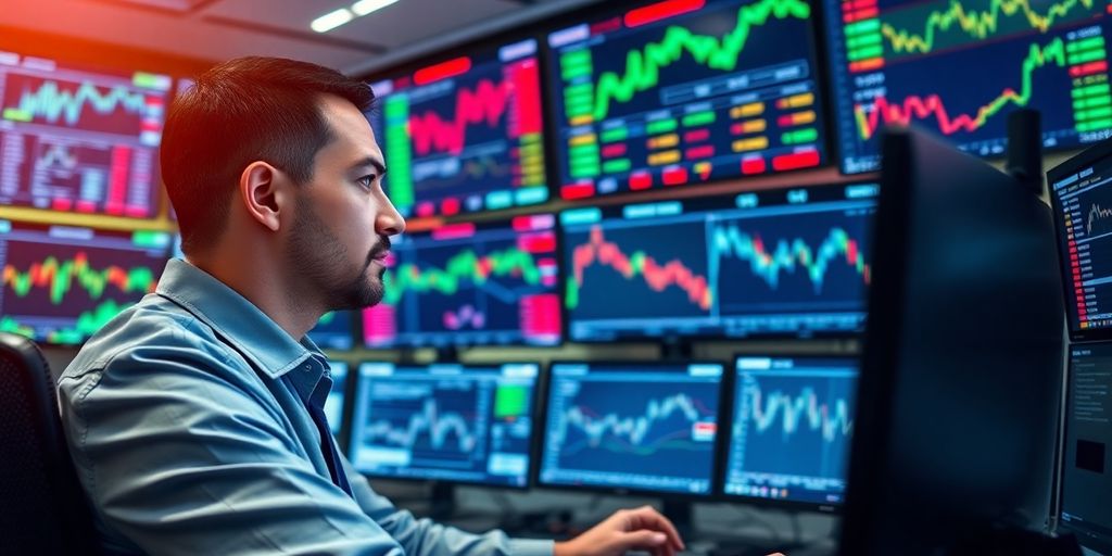 Trader at a desk with multiple screens in a modern office.