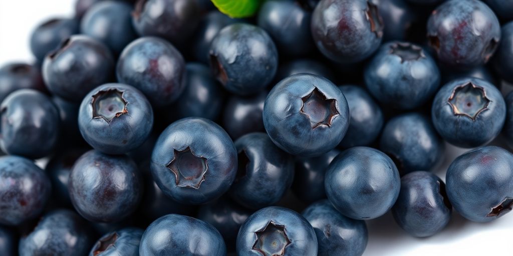 Fresh blueberries piled high on a white surface.