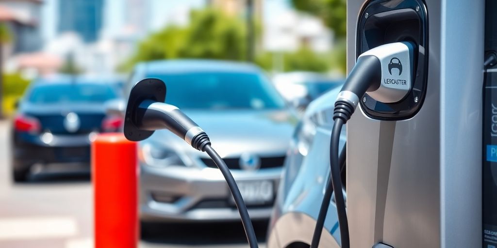 Electric car charging at a station.