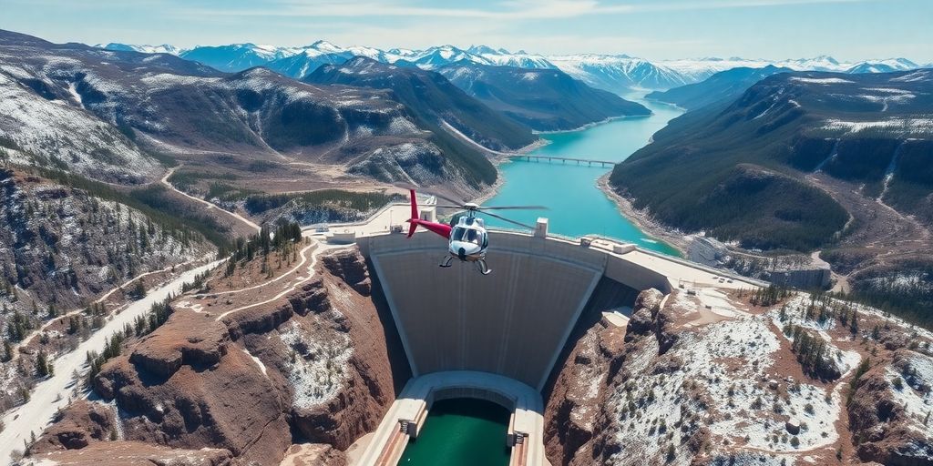 A helicopter flies over Hoover Dam in an Alaskan wilderness.