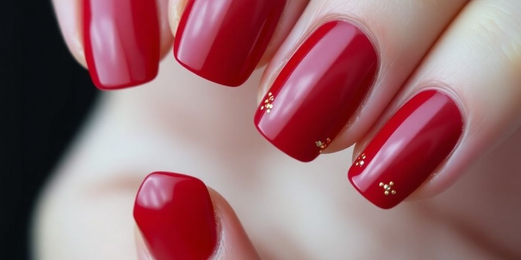 Unhas vermelhas com detalhes dourados em francesinha invertida.