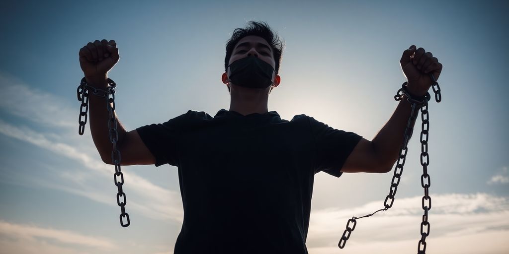 Person breaking free from chains in an empowering pose.