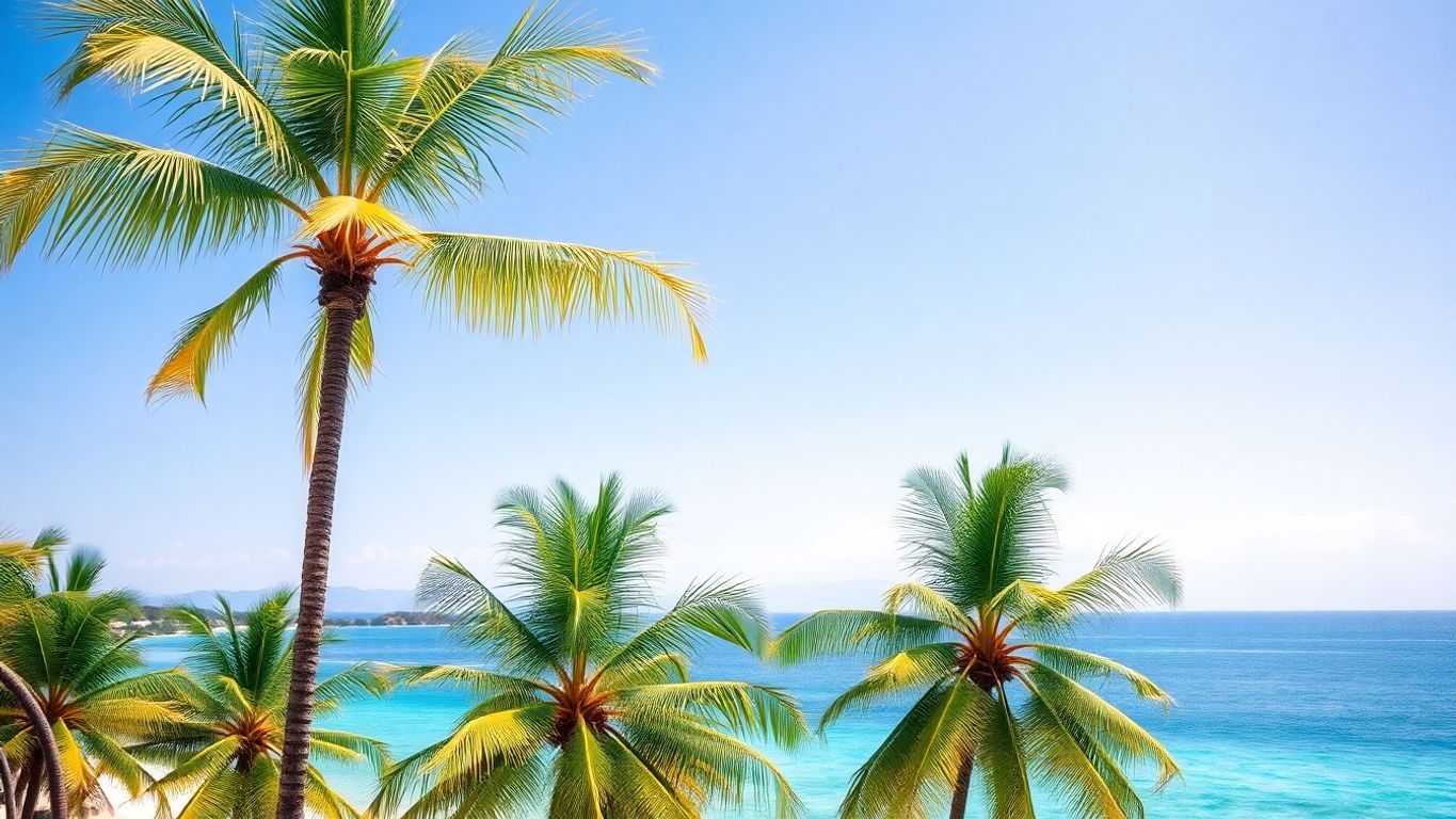 Tropical island with palm trees and sun.