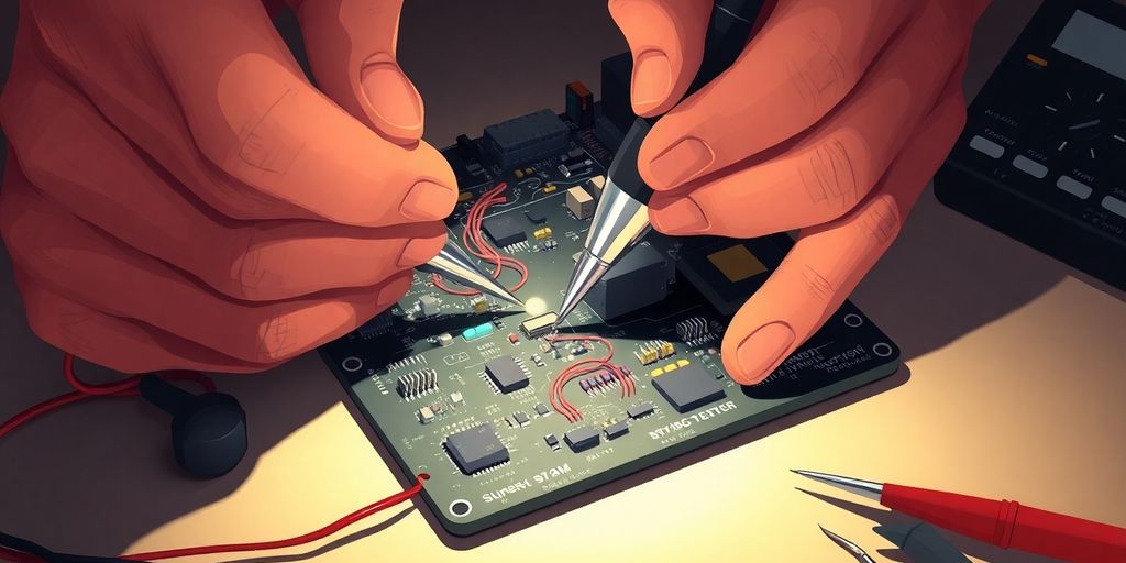 Electronic technician working on circuit board.