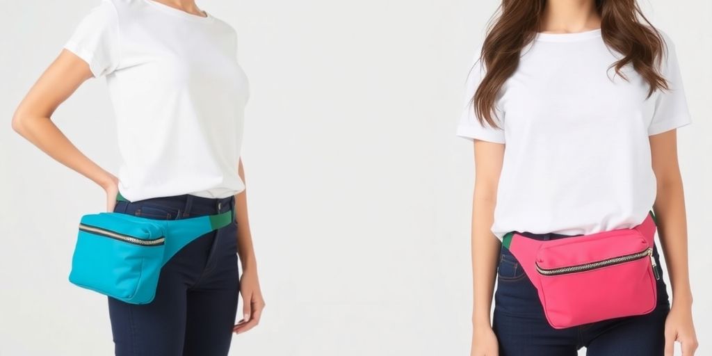 Un sac banane tendance porté par une femme souriante.