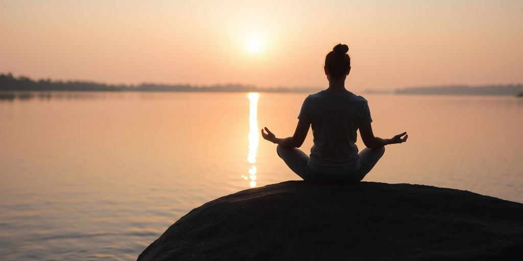 Person meditating by calm lake, sunrise.
