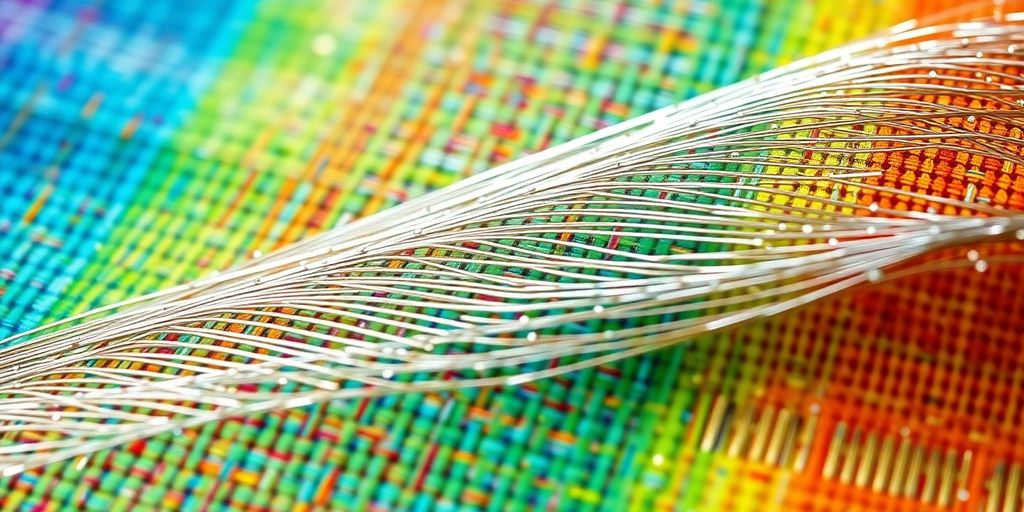 Fils métalliques tissés dans des textiles colorés.
