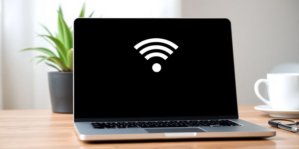 Laptop com ícone de Wi-Fi em fundo desfocado.