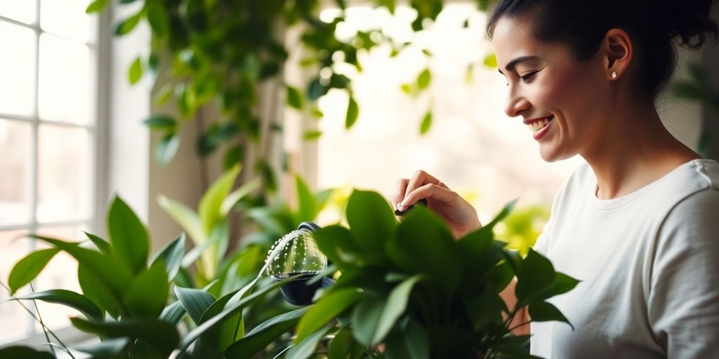 Person smiling while tending to vibrant indoor plants.