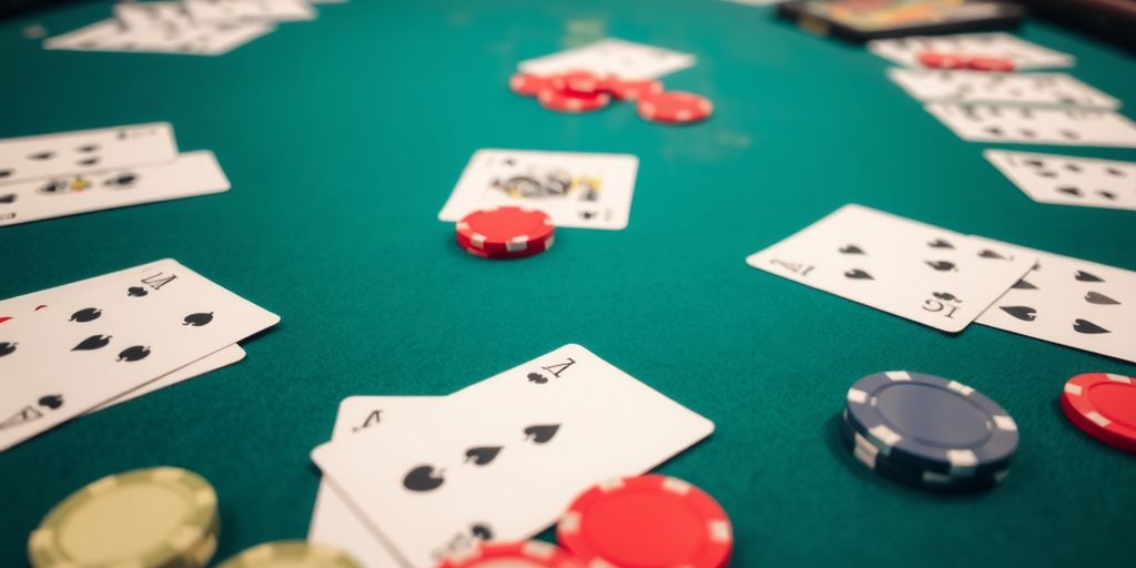 Tableau stratégique de blackjack avec cartes et jetons.