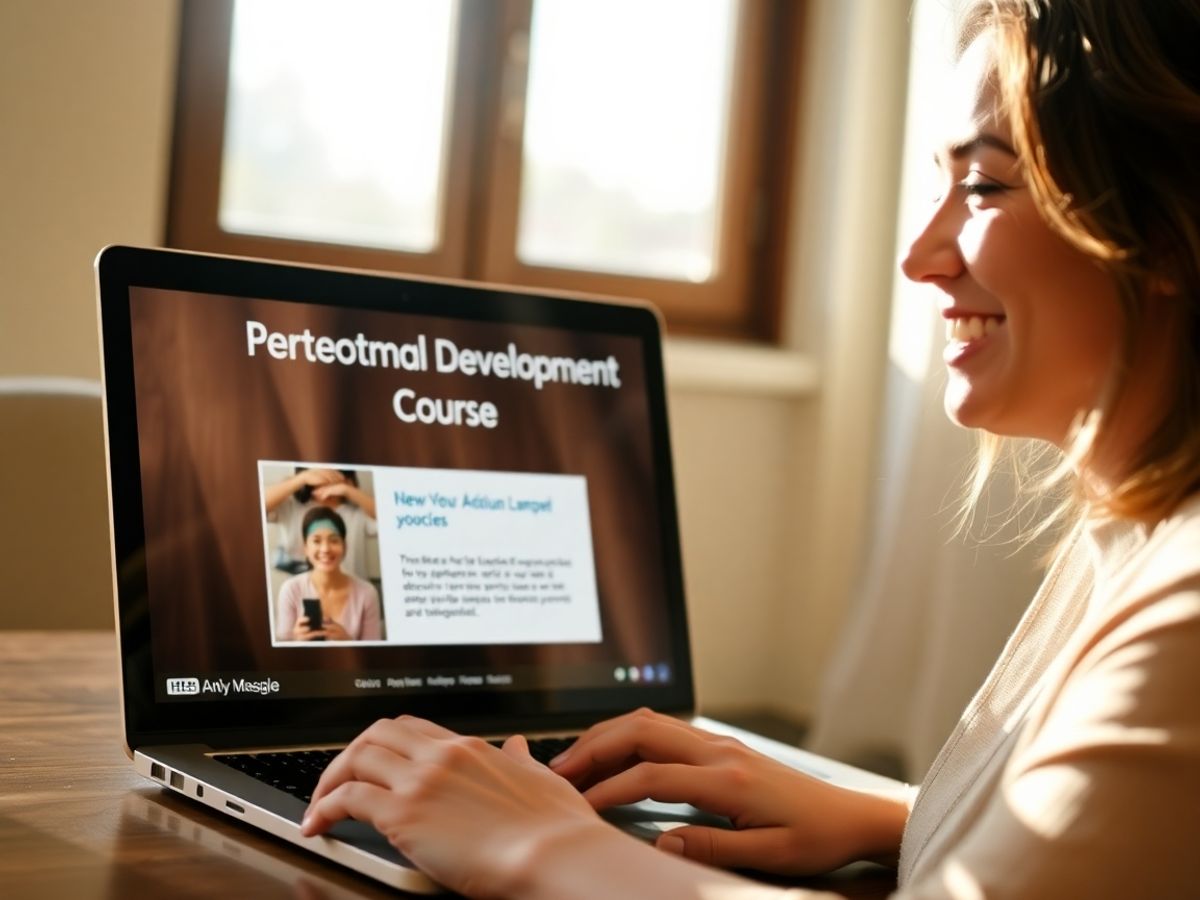 O femeie zâmbind în fața unui laptop cu un curs de dezvoltare personală.