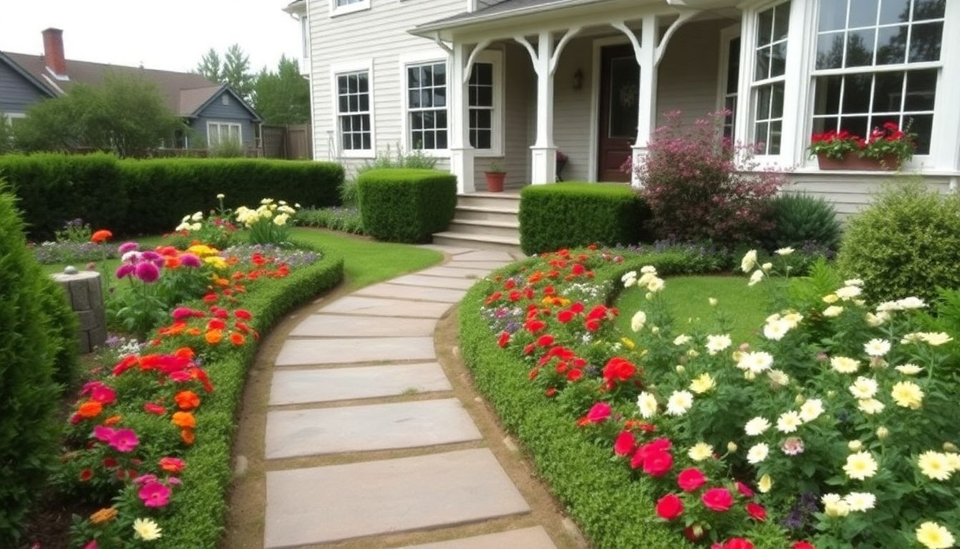 Vibrant garden with flowers and stone pathway.