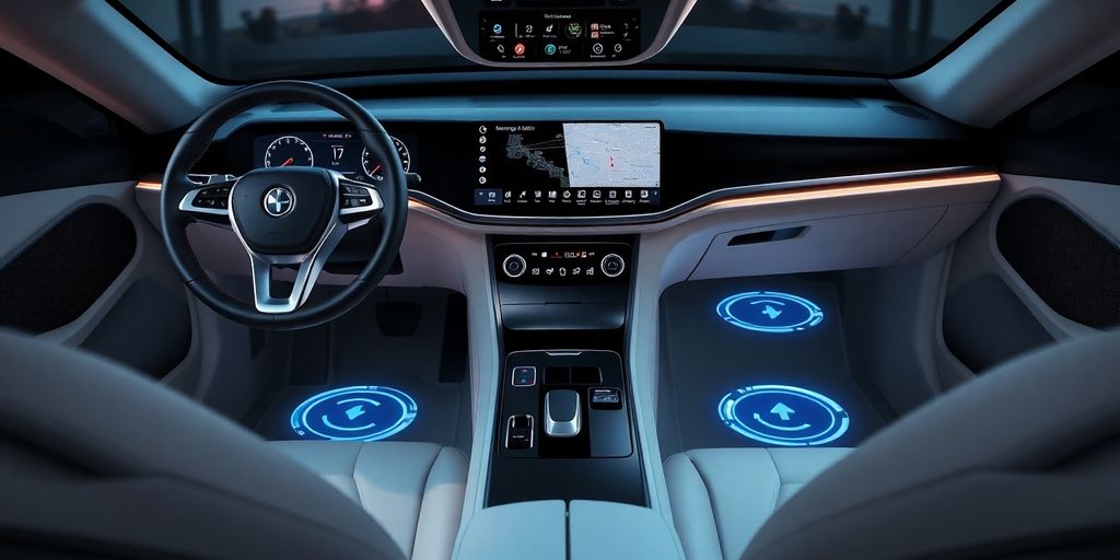 Futuristic car interior with advanced gadgets and accessories.