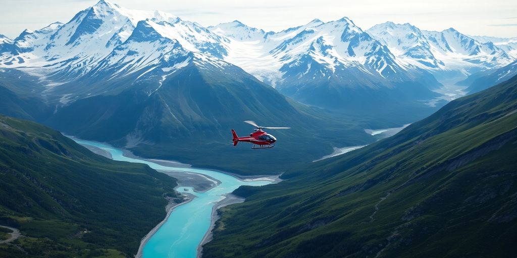 A helicopter flies over a vast Alaskan mountain range.