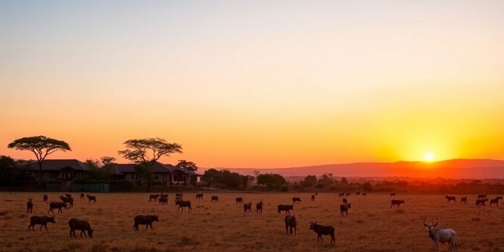 Kenya savannah sunset with wildlife and lodges.