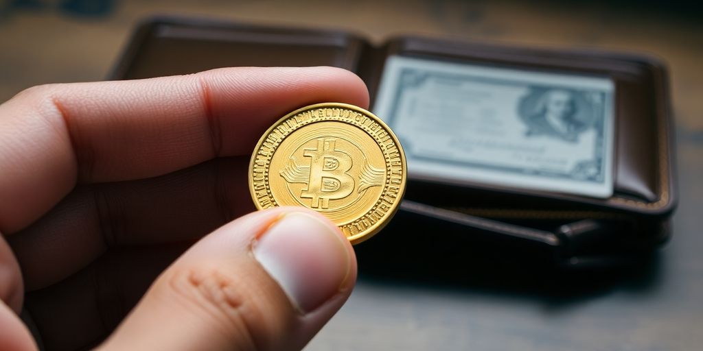 Main tenant une pièce d'or près d'un portefeuille vide.