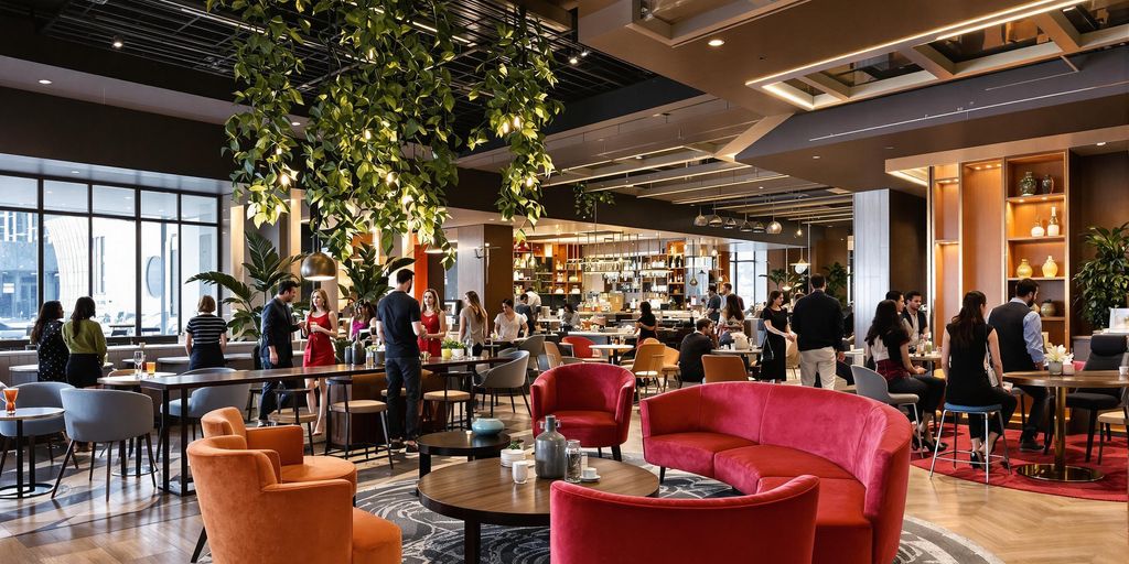 Stylish hotel lobby with vibrant decor and lively atmosphere.