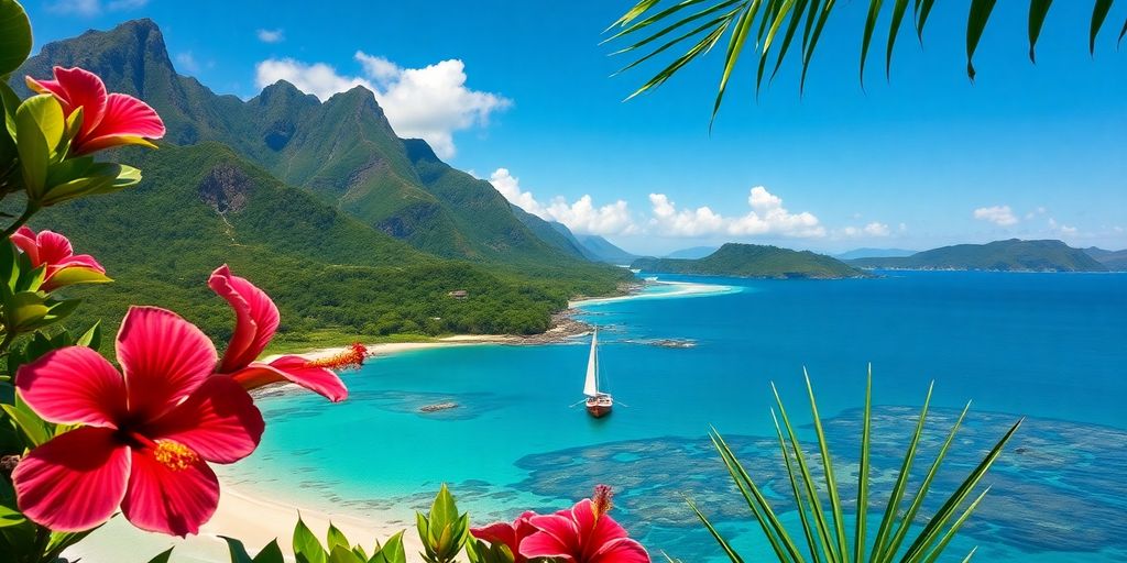 Aerial view of Polynesian canoe drifting near cliffs and lagoon