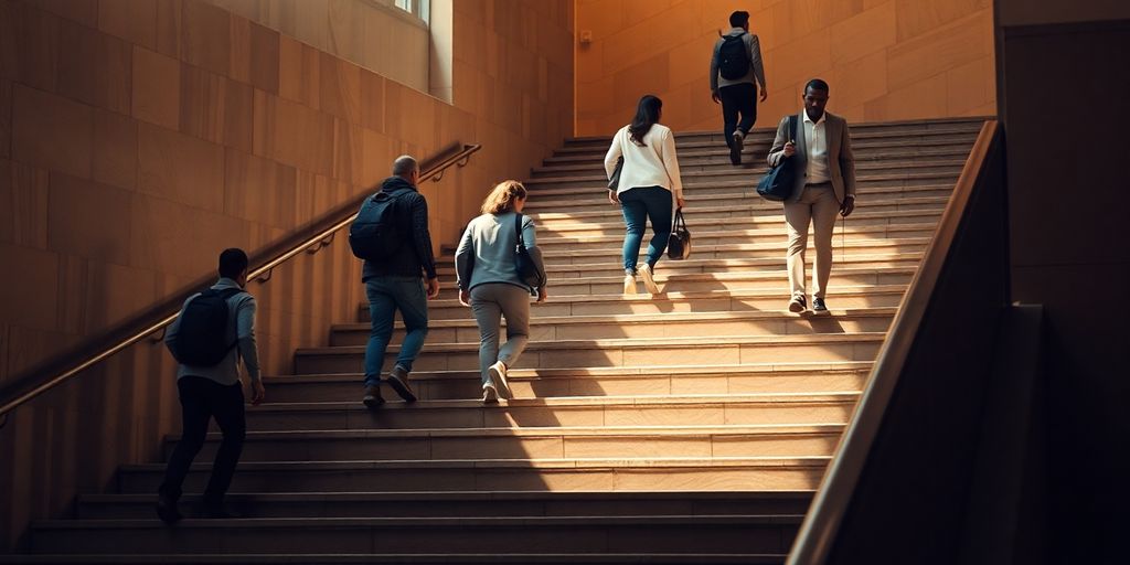 Silhouette of people climbing stairs towards a bright future.