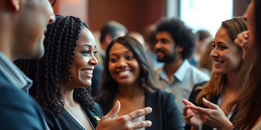 People engaged in lively, focused networking conversations.