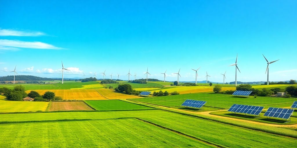 Green fields with wind turbines and solar panels in harmony.