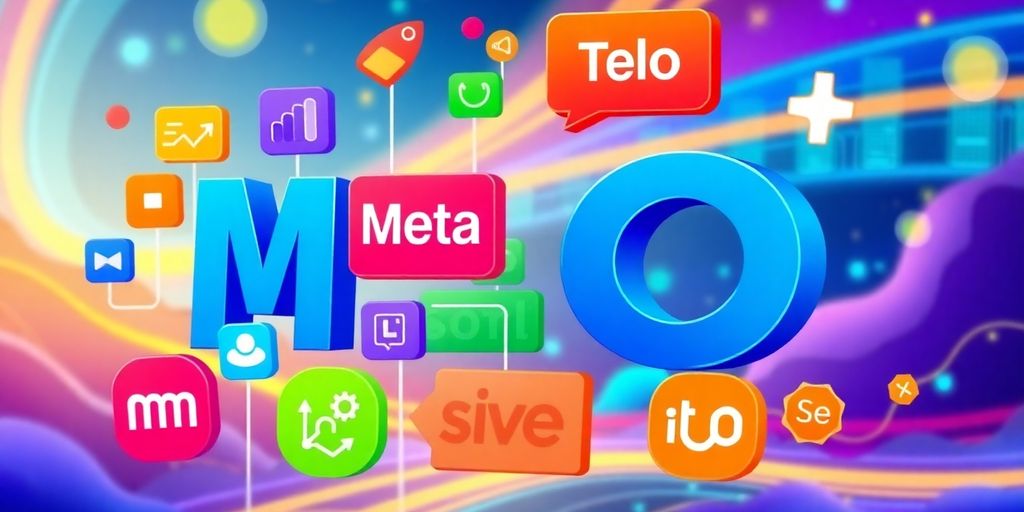 Illustration of meta tag icons in a digital landscape.