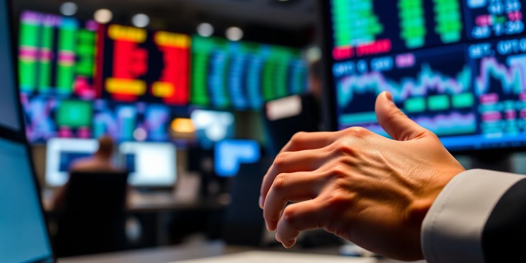 Trader's hands on a stock market trading screen.