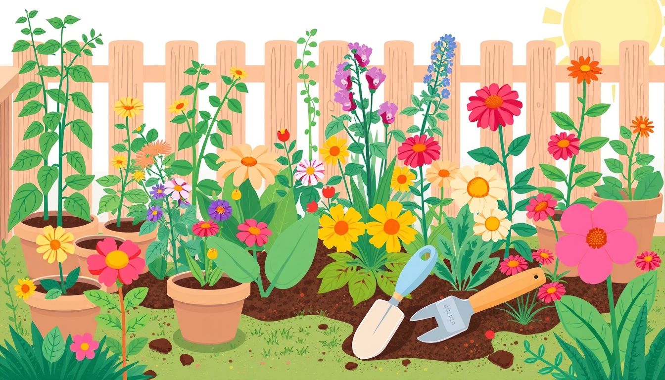 Illustrative garden with beginner plants and tools
