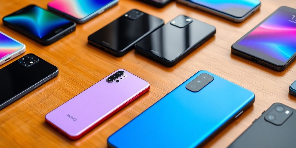 Verschiedene Smartphones auf einem Holztisch angeordnet.