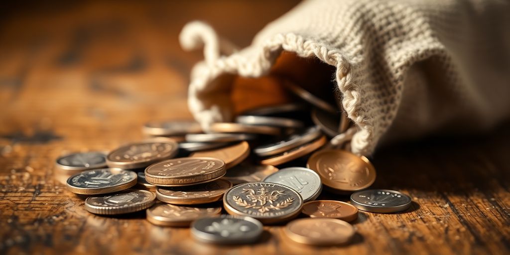 Coins spilling from a cloth bag on a wooden surface.
