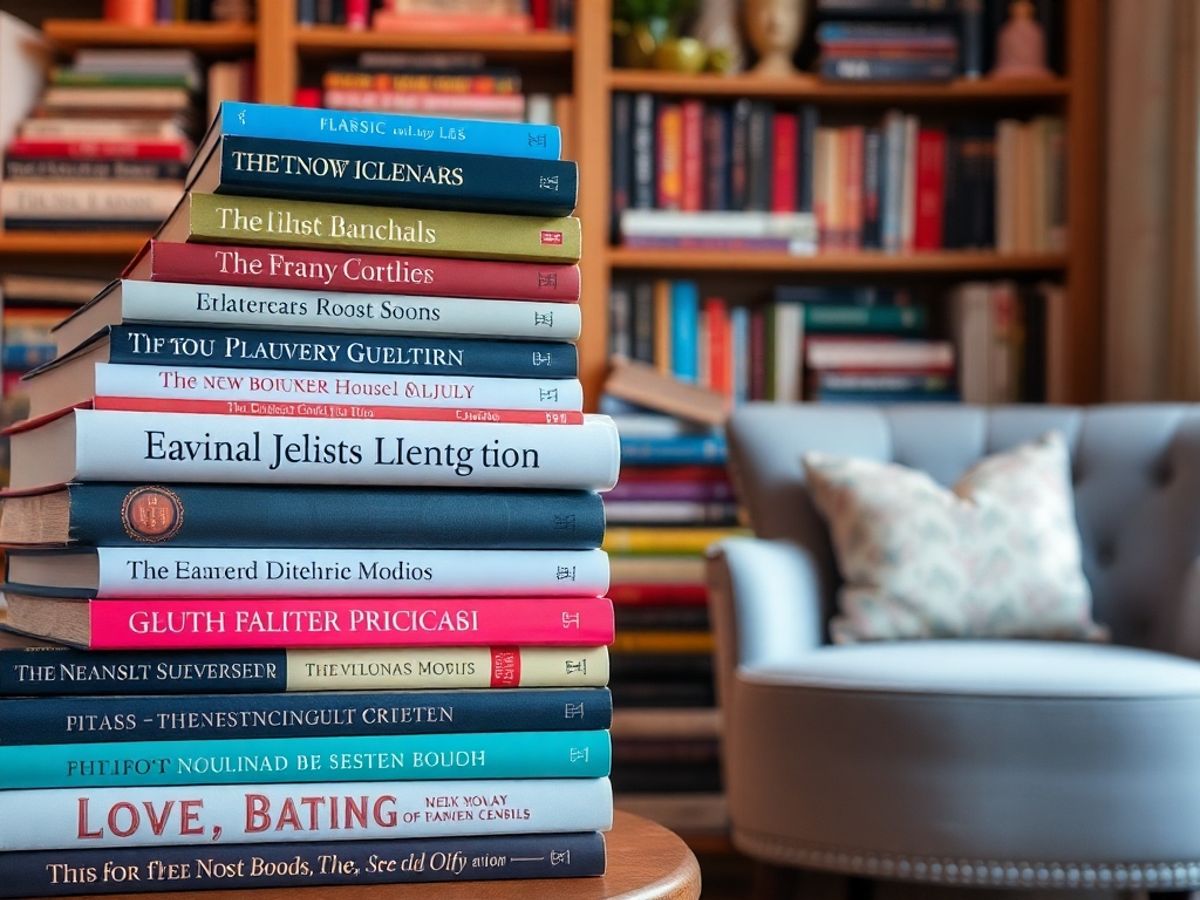 A stack of colorful books in a cozy reading nook.