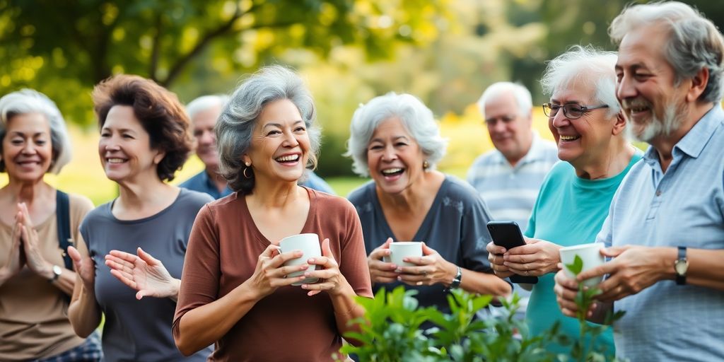 Smiling senior couple walking outdoors, holding hands.