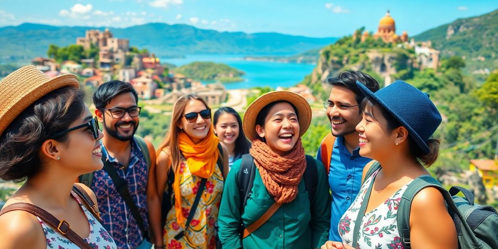 Multicultural tourists enjoying a scenic travel experience together.