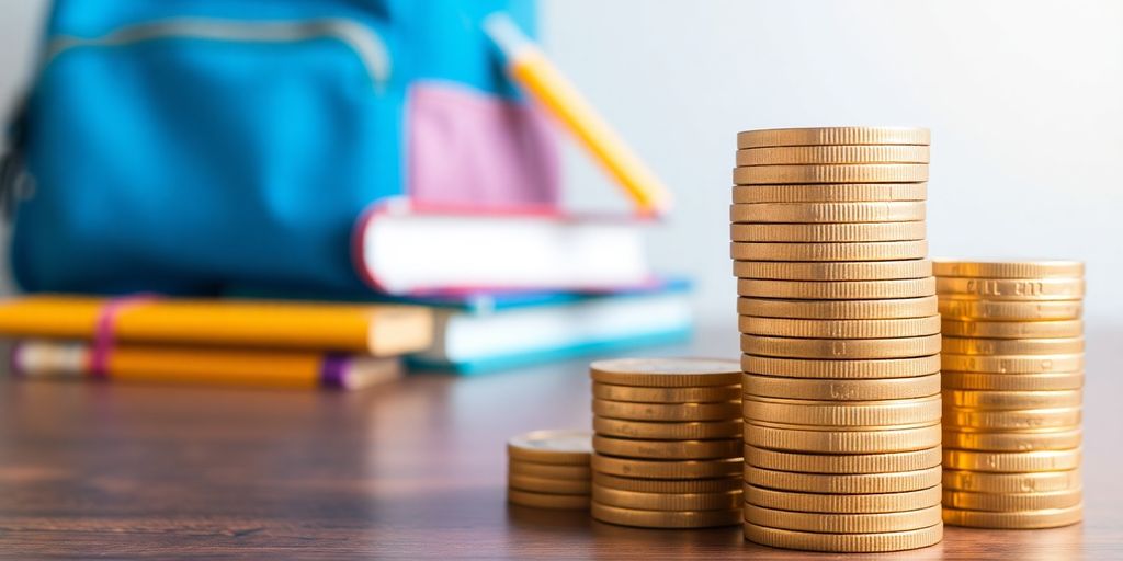 Pièces d’or sur une table avec des fournitures scolaires.