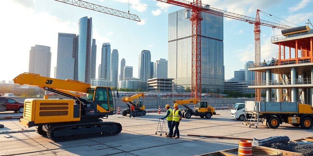 Modern construction site with advanced machinery and innovative buildings.