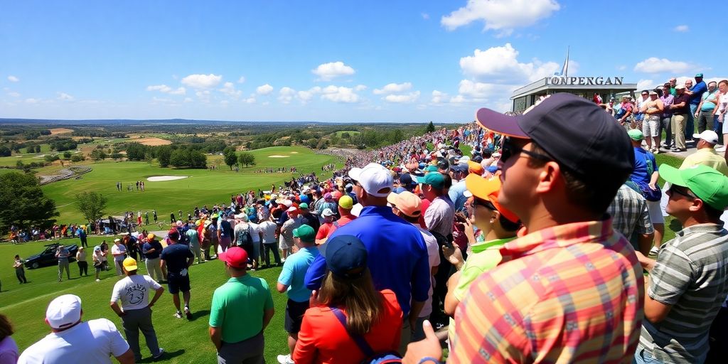 Exciting PGA tournament scene with fans and players.