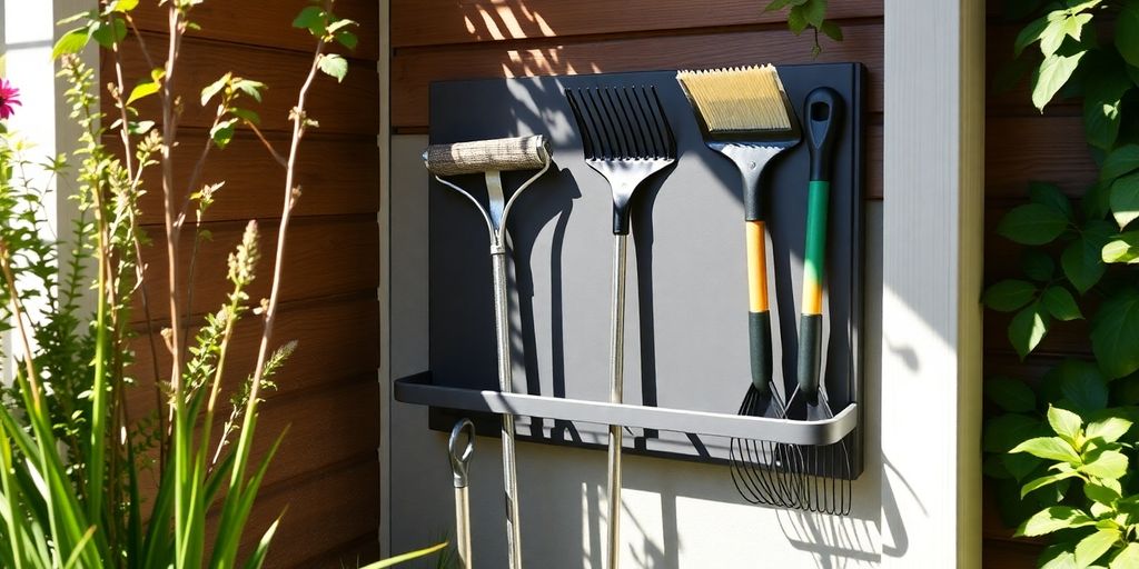 Garden rake stored neatly in a smart outdoor organizer.