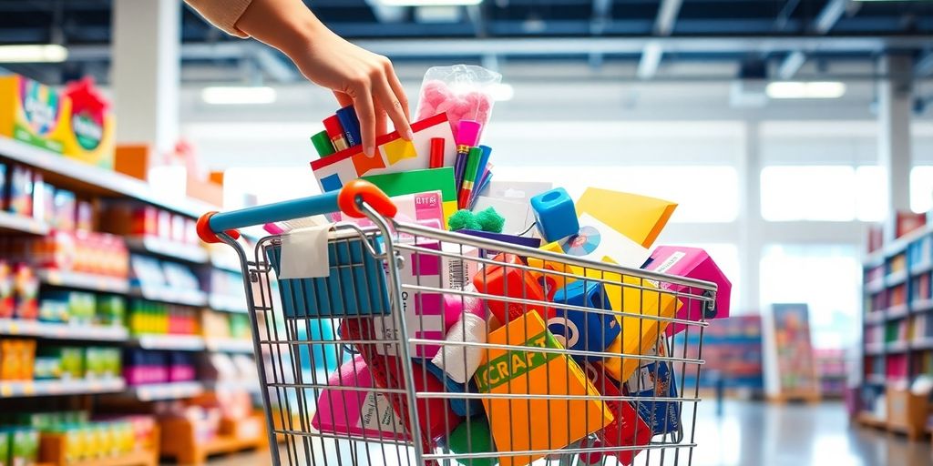 Shopping cart with discount tags, colorful craft supplies.